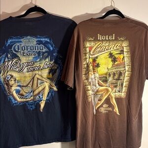 Set of 2 2005 Retro Corona Extra Blue and Brown T-Shirts Large Unisex w/ Pin-Up